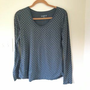 LOFT Polka Dotted Long Sleeved Everyday Shirt, Steel Gray, Size S